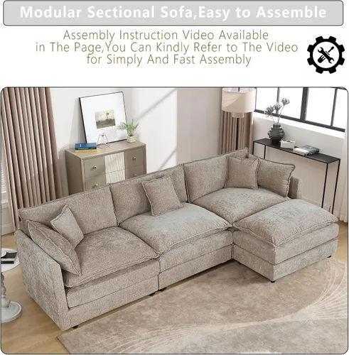 Vista 4 de Setawix Sofá Profundo de 3 Plazas con Otomana, Sofás de Nube en Forma de L de 112.2" para Sala de Estar, Sofá de Nube de Chenilla con Asiento Café