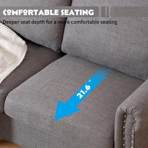 Vista 4 de J.C.UP Sofá biplaza de 57 pulgadas, sofás pequeños para sala de estar con tela de lino, cómodo sofá tapizado para dormitorio con patas de madera Gris