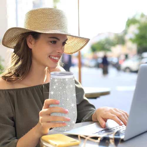 Vista 5 de Tessco Vasos Tumbler con Pedrería Brillante con Pajita Botella de Agua con Purpurina Tumbler de Pajita de Acero Inoxidable Vaso Aislado con Pedrería