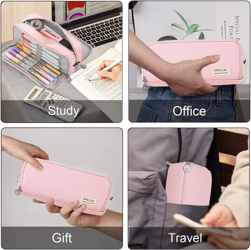 Vista 6 de Estuche para bolígrafos de gran capacidad con 3 compartimentos, bolsa de cosméticos de lona para mujeres y adultos, organizador de estudio y oficina