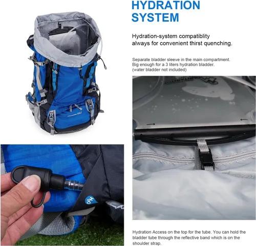 Vista 4 de MOUNTAINTOP Mochila de marco interno de 80L para hombre y mujer Mochila de senderismo con cubierta de lluvia Azul-80L