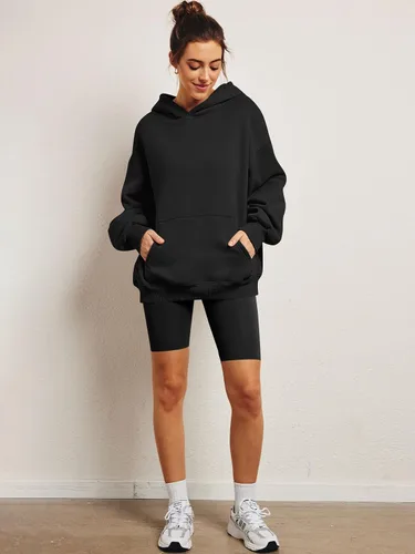 Vista 6 de Trendy Queen Sudaderas de gran tamaño con capucha de forro polar para mujer, camisas de manga larga, ropa de otoño con bolsillo