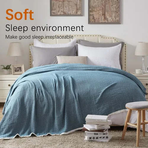 Vista 5 de SE SOFTEXLY Manta de muselina de algodón para adultos, transpirable de 4 capas con textura de lino teñido, manta de gasa para cama, sofá, sofá