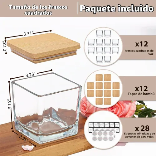 Vista 2 de CONNOO Paquete de 12 tarros de vela cuadrados transparentes de 9 onzas para hacer velas, recipientes vacíos de vidrio grueso a granel con tapas