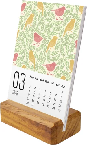 Vista 3 de Calendario de escritorio pequeño 2026 con tema floral, base de madera, oscuro