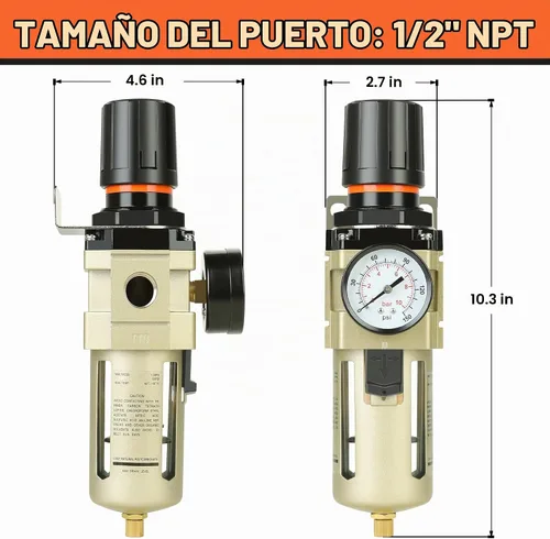 Vista 4 de Hromee Combo de regulador de filtro comprimido de 1/2 pulgada, compresor de aire, separador de trampa de aceite de agua con manómetro, drenaje