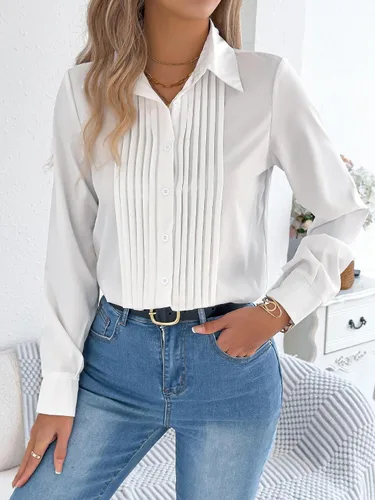 Vista 8 de Blusa de manga larga plisada con cuello y botones para mujer, elegante blusa de oficina