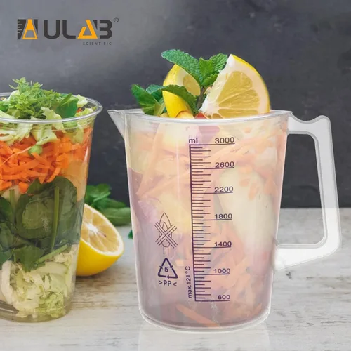 Vista 5 de ULAB Vasos de precipitados científicos, vasos de plástico con mango, con graduación azul impresa, vol.67.6 fl oz (68oz), UBP1018