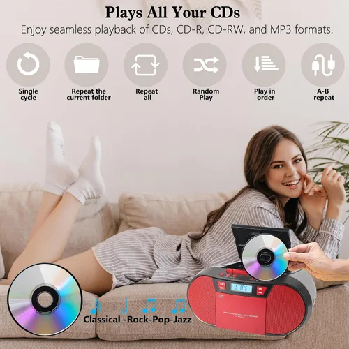 Vista 3 de Boombox Reproductor de CD Portátil, Combo Reproductor de Casete con CD MP3 Bluetooth AUX TF USB Radio FM Alimentado por AC/DC, Caja de Boom