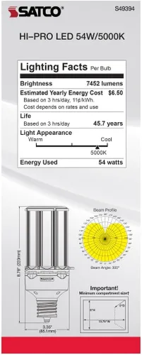 Vista 7 de Satco Bombillas LED HID de repuesto de mazorca de maíz de 54 W, 5000 K, base Mogul extendida, derivación de balasto tipo B, paquete de 2