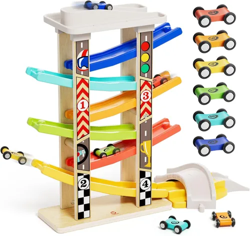 Vista 12 de TOP Bright Juguetes de rampa de madera para niños pequeños de 1 a 2 años de edad, habilidades motoras, pistas de carreras, rampa de automóvil