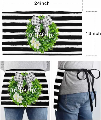 Vista 6 de Farmhouse Wreath Waitress Waiter Server Apron with Pockets,Welcome Rustic Boxwood Black Stripe Waist Half Waterproof Cooking Kitchen BBQ Grill Chef