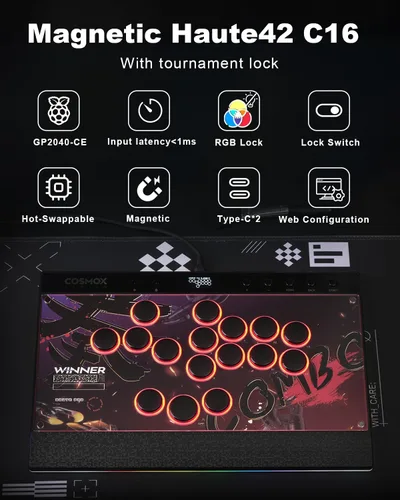 Vista 2 de Palo Arcade sin Palanca Haute42: Palo Arcade Magnético sin Palanca con Bordes RGB, Controlador Arcade Haute42 C16 Premium Negro para Juego