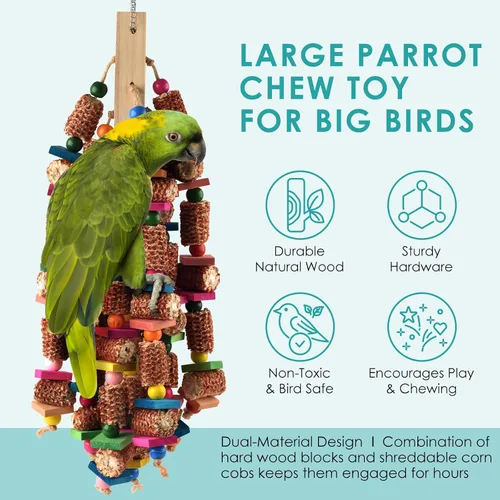 Vista 4 de DBNESS Juguetes para pájaros para loros, 22 pulgadas, juguetes masticables de loro grande de madera natural y mazorca de maíz, juguete