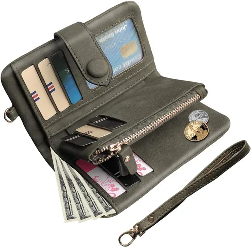 Vista 2 de PofeeXIO Cartera de cuero pequeña para mujer Bifold RFID con muñequera para damas, ranura para tarjetas, ventana para identificación, monedero