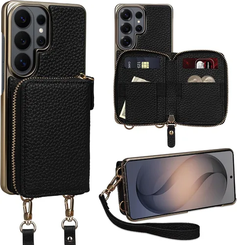 Vista 46 de Funda para iPhone 12 Pro/iPhone 12 de 6.1 pulgadas, cartera cruzada con cremallera para mujer, tarjetero con bloqueo RFID, funda de cuero con Negro