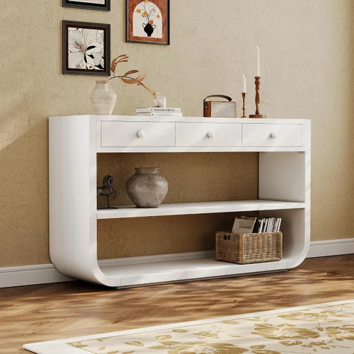 Vista 11 de LUMISOL Mesa consola geométrica tallada con 3 cajones, mesa de sofá de granja detrás del sofá con almacenamiento y detalles de patas acanaladas
