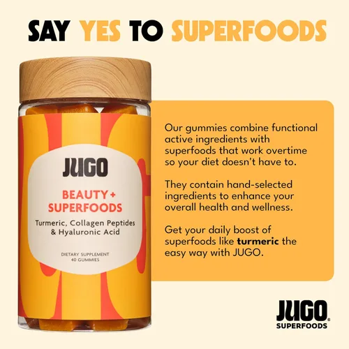 Vista 9 de JUGO Beauty + SUPERFOODS - Gomitas de colágeno para cabello, piel y uñas, suplemento de ácido hialurónico y cúrcuma, sin crueldad, sin gelatina