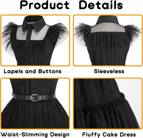Vista 4 de juskid Wednesday Addams Disfraz Niñas Niños Vestido Halloween Disfraces Niñas Miércoles Regalos Merlina Negro Princesa Vestir