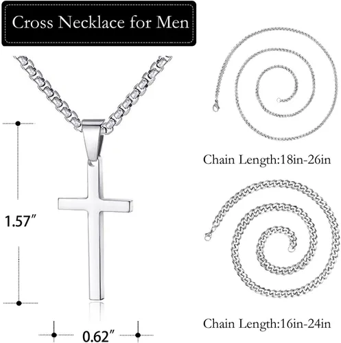 Vista 6 de Collar de cruz para hombre, collar con colgante de cruz en capas de acero inoxidable dorado, negro y plateado, regalo de joyería, cadena cubana