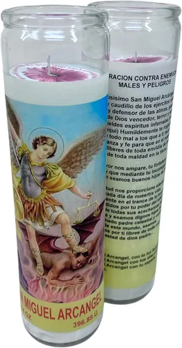 Vista 7 de San Miguel Arcangel 14 oz vaso grande una pieza oración vela de una pieza 14 oz de alto vidrio oración al reverso en español Blanca sin aroma