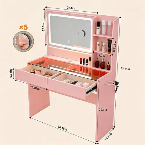 Vista 2 de Escritorio de tocador de maquillaje con espejo y luces, parte superior de Rosa