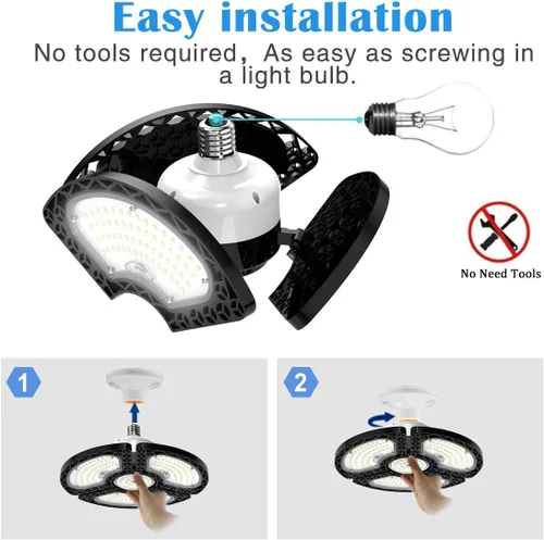 Vista 4 de Luces LED de garaje, 80 W, LED deformable, luces de techo 12000 LM, CRI 80 LED, Luces de Tienda para Garaje, Luces de Garaje con 3 paneles