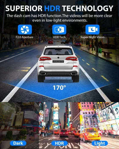 Vista 14 de Cámara de tablero frontal y trasera, cámara de tablero 1080P para automóviles, cámara de automóvil de 3 canales frontal trasera e