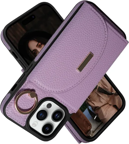 Vista 11 de Funda tipo cartera para iPhone 14 Pro Max de 6.7 pulgadas, con ranuras para tarjetas, soporte para anillos, funda protectora de piel sintética
