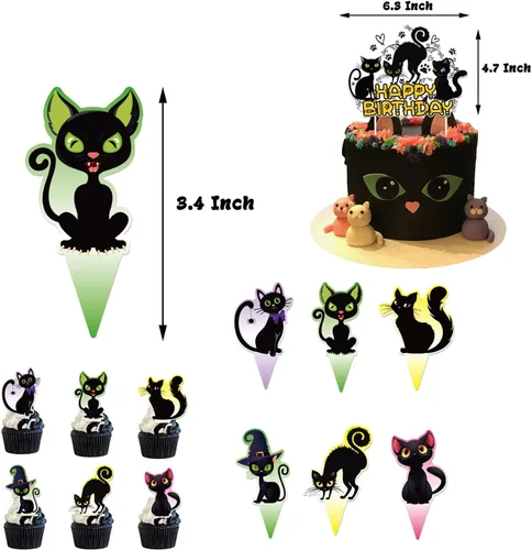 Vista 5 de Decoración de fiesta temática de gato, juego de suministros de fiesta de cumpleaños de gato negro, incluye fondos de gato negro de 5 x 3 pies