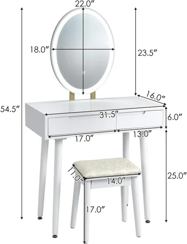 Vista 12 de CHARMAID Juego de tocador con espejo iluminado, espejo de brillo ajustable de 3 modos, tocador de maquillaje con taburete acolchado, 2 cajones