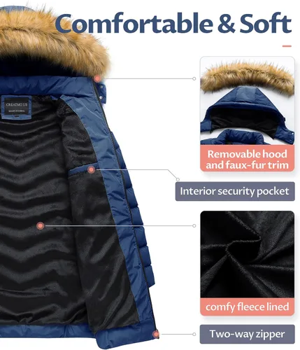Vista 3 de CREATMO US Abrigo de invierno con capucha para mujer, impermeable, cálido, largo acolchado, parka