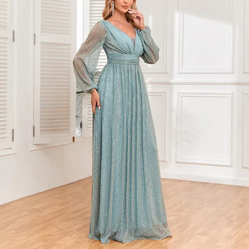 Vista 9 de Vestido bohemio para mujer, Brillante, Vestidos Fiesta cóctel, lentejuelas, fluido, largo, midi, cintura fruncida
