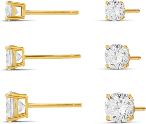 Vista 6 de Amazon Essentials Juego de pendientes de tuerca de plata de ley chapada en oro de 14 quilates con circonita cúbica redonda o corte princesa Oro Rosa