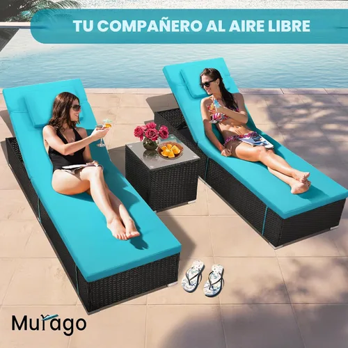 Vista 3 de Murago Tumbona para exteriores, juego de 2 sillas de piscina con mesa Turquesa
