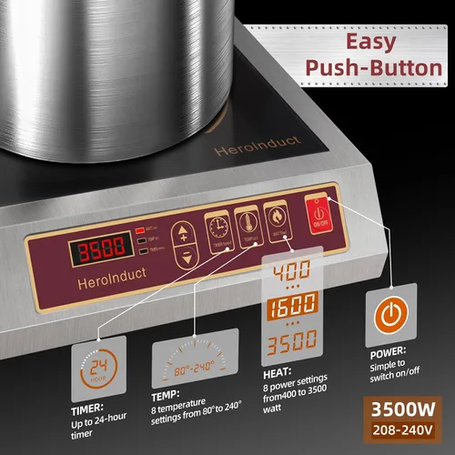 Vista 3 de Estufa de inducción portátil 208-240V 3500W Gama comercial Quemador de encimera Módulos IGBT duales 8 Nivel de Calefacción Sensor Temporizador Botón