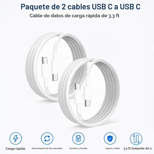 Vista 2 de Cable de carga USB C a USB C, cargador rápido de 60 W, paquete de 2 cables