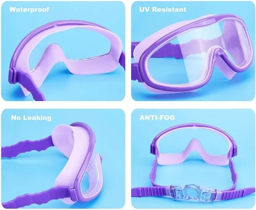 Vista 6 de KAILIMENG Gafas de natación para niños, paquete de 2 gafas de natación para edades de 3 a 15 años, antivaho y anti-rayos UV Cear de visión amplia