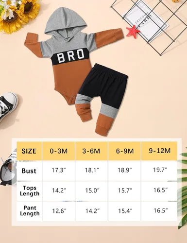 Vista 6 de Tomolant Baby Boy Clothes Long Sleeve Romper, Letter Print Hooded Sweatshirt +Patchwork Pants 2pcs Fall Winter Outfits