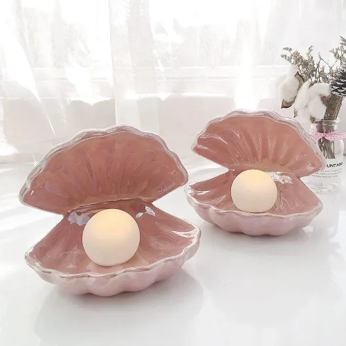 Vista 5 de Koolouispoper Ins Lámpara de noche de concha de cerámica de estilo japonés con perlas de sirena para decoración del hogar, regalo de Navidad (rosa)