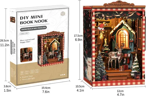 Vista 3 de Kits de rincón de libros de Navidad para adultos, rompecabezas de madera 3D, kit de casa en miniatura para decoración de estantería con luces LED