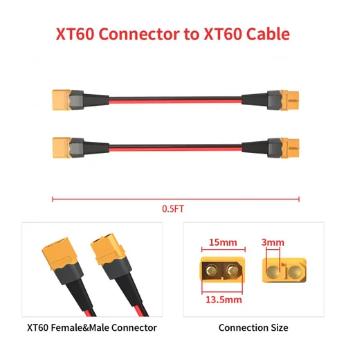 Vista 6 de ELFCULB Cable de extensión XT60 de 10 AWG de 0.5 pies, conector hembra a macho XT60 para batería RC, estación de energía portátil, panel solar