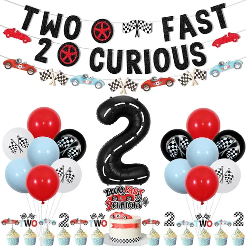 Vista 7 de Jollyboom Two Fast Two Curious - Decoración de segundo cumpleaños, paquete de fiesta de coche de carreras con pancarta, guirnalda, decoración