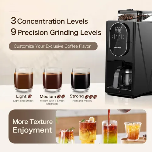 Vista 2 de Cafetera con molinillo programable para café caliente y frío con jarra de vidrio de 22 onzas, ajustable, totalmente automática, máquina de café