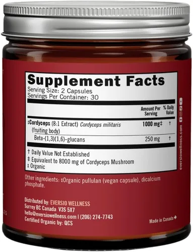 Vista 2 de Cápsulas Cordyceps orgánicas – Extracto de Cordyceps Militaris 8:1, 500 mg por cápsula – Suplemento de hongos para energía, resistencia y apoyo al