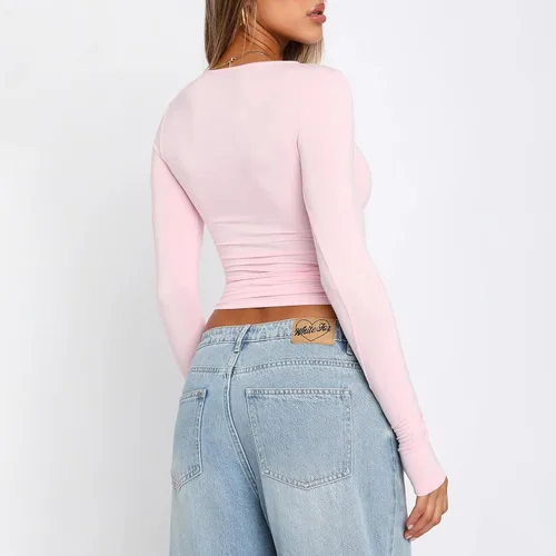 Vista 5 de Camiseta corta sexy de manga larga para mujer, estilo Y2K, cuello redondo, casual, básica, ajustada