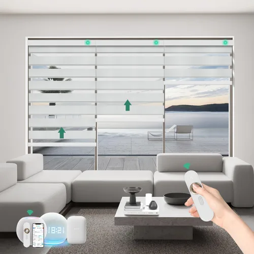 Vista 12 de Persianas motorizadas de cebra con control remoto, funcionan con HomeKit Alexa, cortinas eléctricas automáticas para ventanas, 60% opacas, filtro