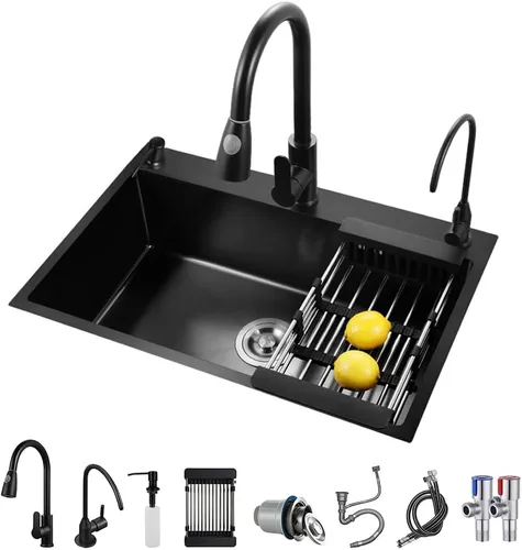 Vista 9 de ARTLINE Fregadero de cocina negro, fregadero de un solo cuenco de acero inoxidable, fregadero de estación de trabajo de caída/montaje superior