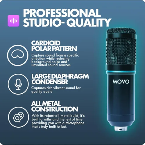 Vista 2 de Movo PC-M6 - Micrófono de condensador cardioide universal con soporte de micrófono de mesa, filtro pop de doble capa y cables de audio, gran kit