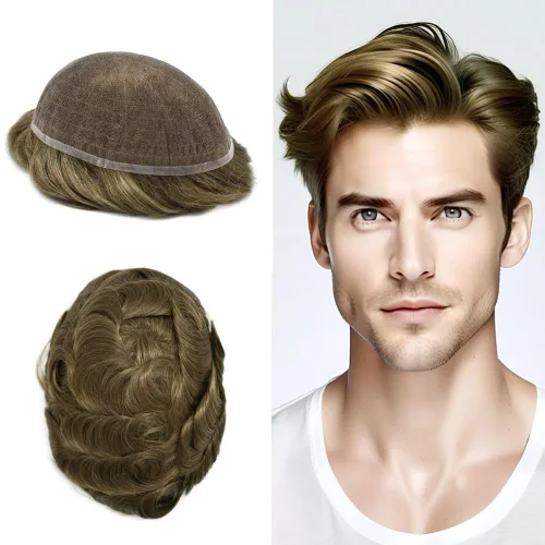 Vista 38 de Peluca de cabello humano con encaje completo, línea capilar real, para hombre, peluca de cabello con nudo blanqueado, pieza de pelo para hombres